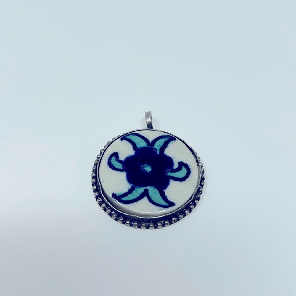 Vintage Ceramic Blue & Turquoise Silver Tone  Flower Pendant Size 1.5 Inches